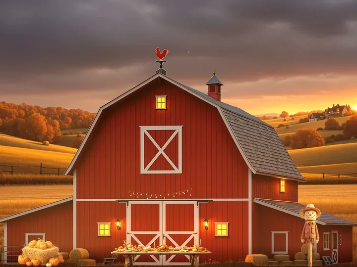 The Harvest Barn at sunset on Thanksgiving: a red barn with string lights, a feast table, pumpkins and a scarecrow.