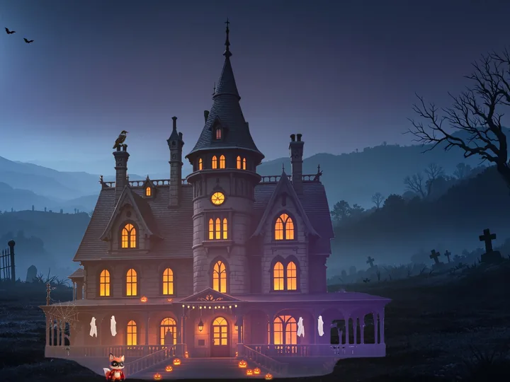 Crew Manor on Halloween night: a tall haunted house floodlit in purple, jack-o'-lanterns on the steps and a small fox crewmate in a costume by the porch.