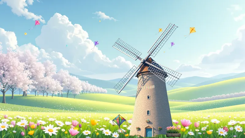 A white windmill on a flowering hill with blossom trees and kites in the sky.