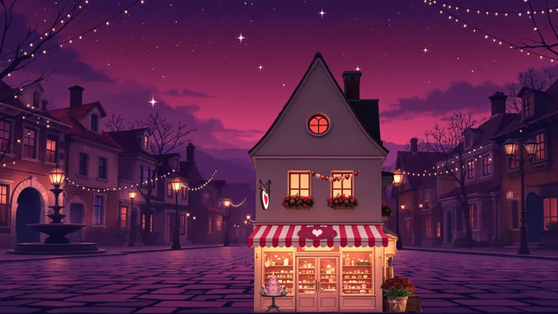 A pink-fronted bakery with heart decorations on a lamplit cobbled street at dusk.