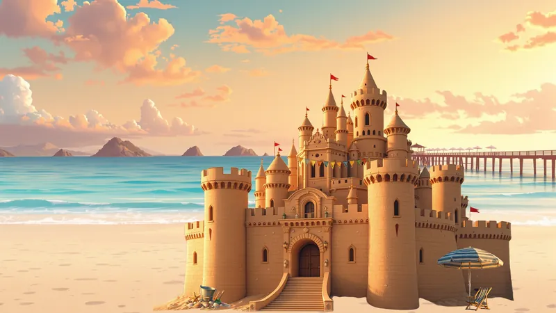 A giant sandcastle with towers and flags on a beach at sunset, with a pier behind.