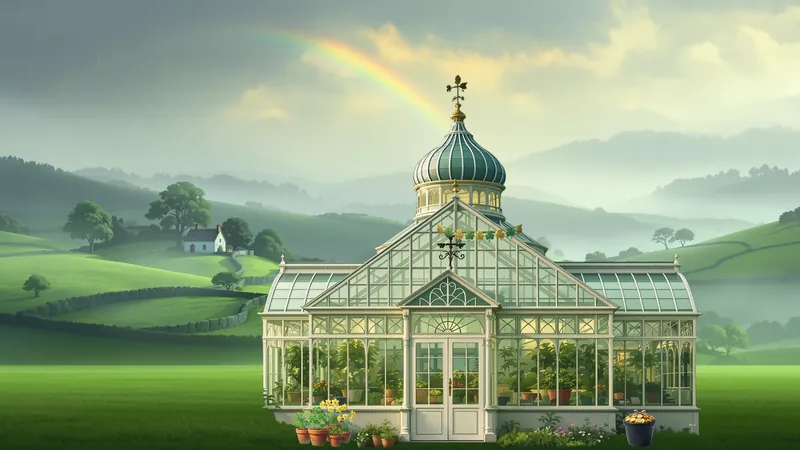 A glass greenhouse full of plants on green hills, with a rainbow in the sky.
