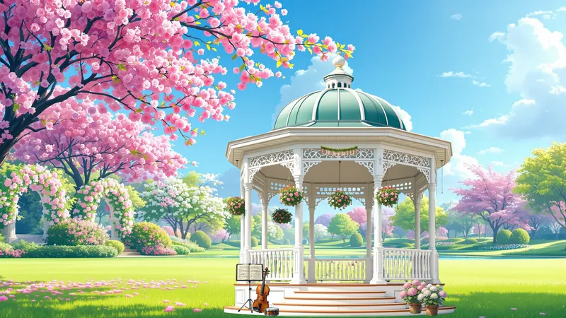 A white garden bandstand with a green dome among cherry blossoms.