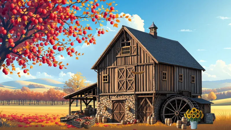 A wooden cider mill with a water wheel, apple crates and an apple tree in autumn sunshine.